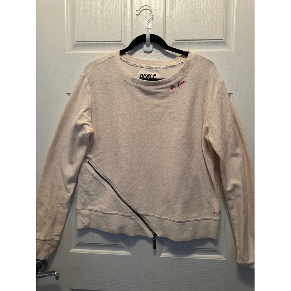Peace Love World Cream Diagonal Zip French Terry Sweatshirt Size XXS Oversized